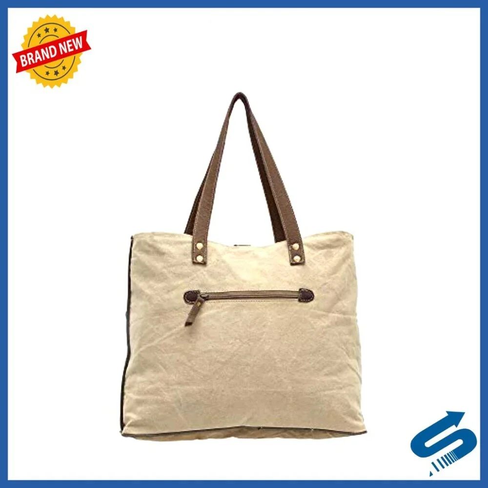 Canvas Leather Tote Bag Vintage Boho Chic Spacious Everyday Purse - Picture 2 of 4